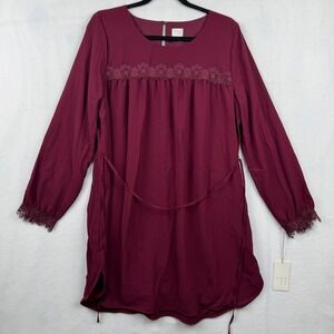 A New Day Womens Dress Size S Wild Cherry Long Sleeve Lace Trim‎ Tie Waist